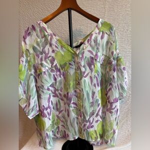 Investments Sheer Floral Blouse – Green & Purple – Size XL